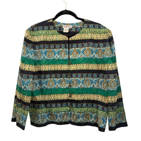 Talbots Jackets & Blazers - Talbots 100% Silk XL Striped Tapestry Long-Sleeve Jacket Green Blue Vintage 90s